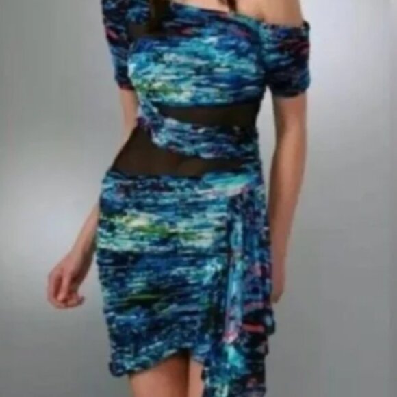 BCBG MAXAZRIA Runway Dress. Mesh Cutouts. Blue Abstract Bodycon. Size S. - Picture 15 of 16